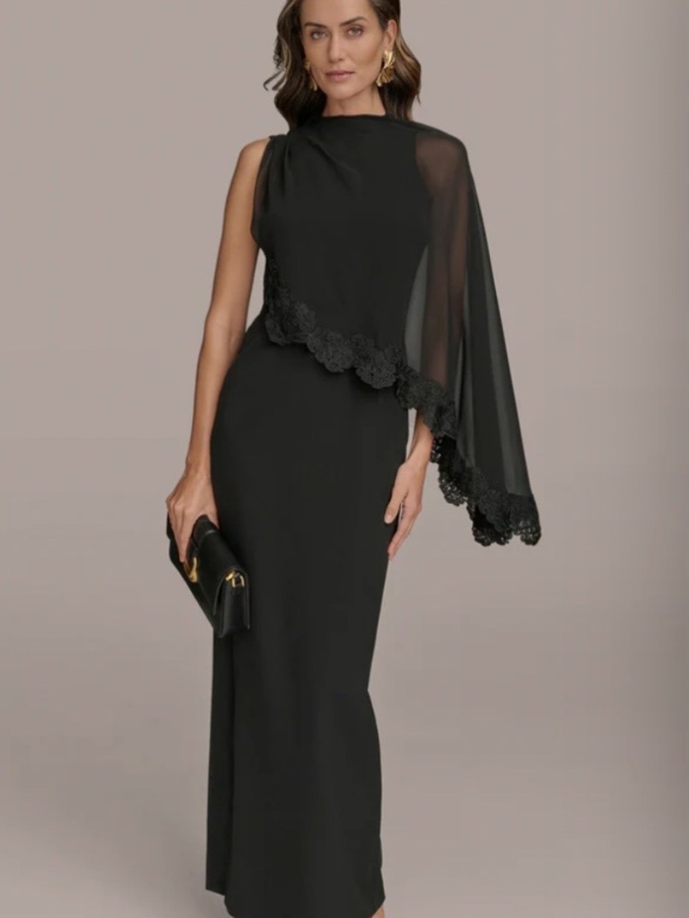 DONNA KAREN SLEEVELESS CAPE OVERLAY GOWN - Picture 4 of 6
